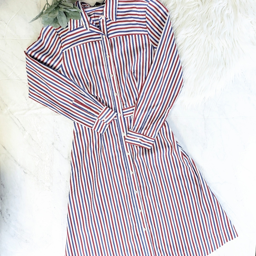 J Crew Striped Midi Red, Blue, & White Shirt Dress